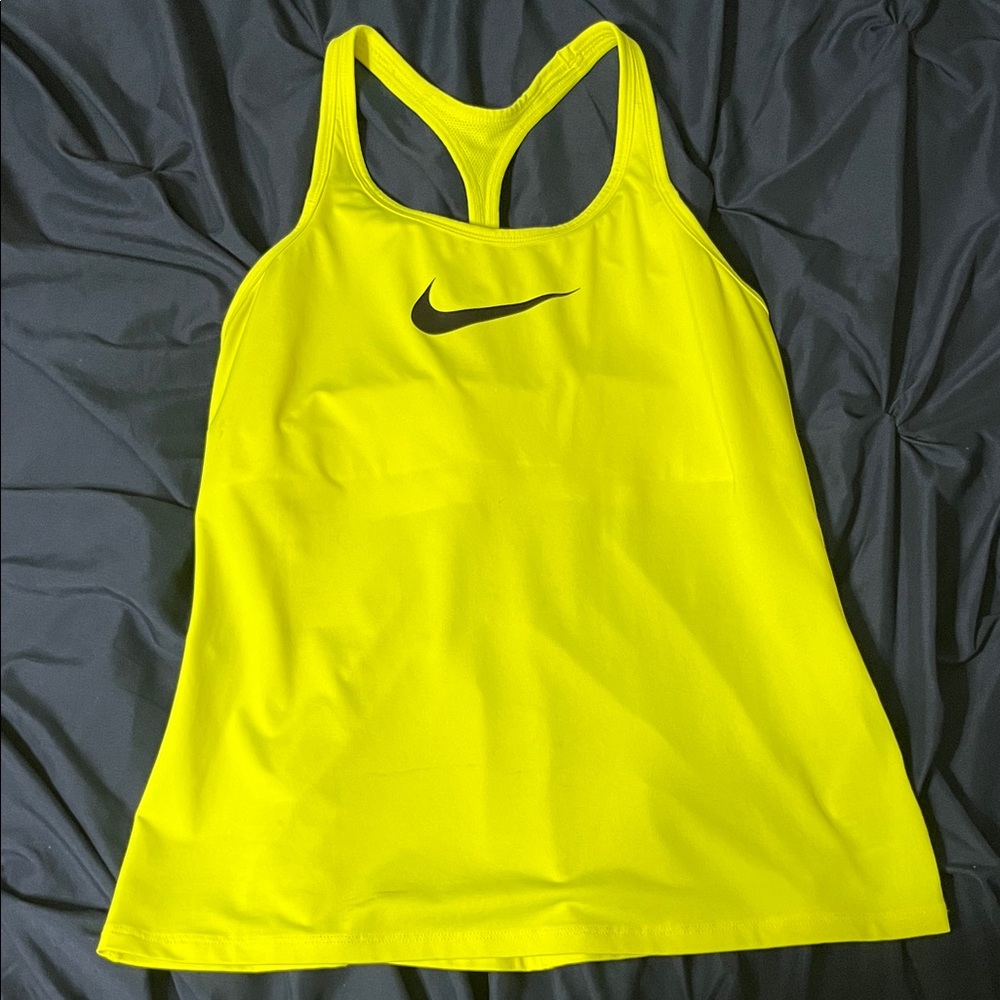 Nike Neon Yellow Racerback Tank Size Large Attached Bra inside!